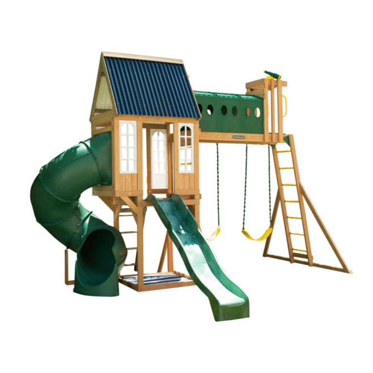 KidKraft Skyway Resort wooden swing set with slides and playhouse