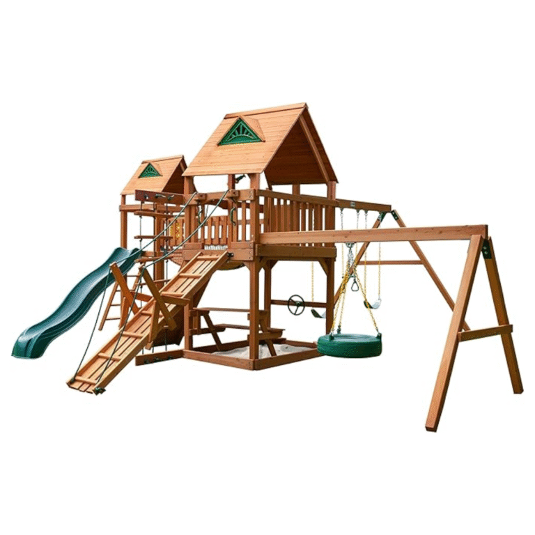 Gorilla Pioneer Peak swing set with tire swing and clatter bridge